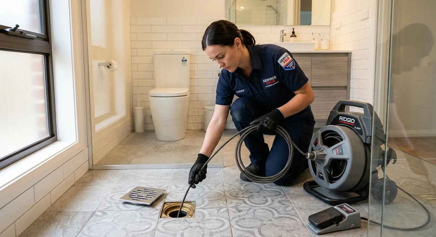 Technician clearing a bathroom floor drain for Sewer Line Installation in Snellville